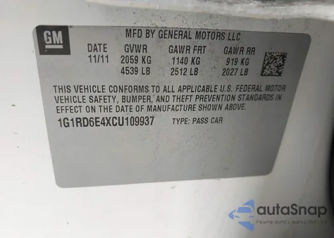 2012 Chevrolet Volt z USA, uszkodzony, nr VIN 1G1RD6E4XCU109937